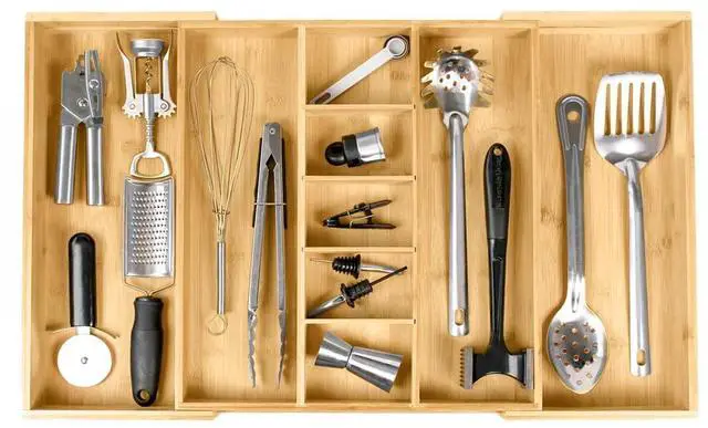 Main image of KitchenEdge Adjustable Bamboo Kitchen Drawer Organizer for Utensils and Junk, Expandable to 28 inches Wide, 9 Compartments