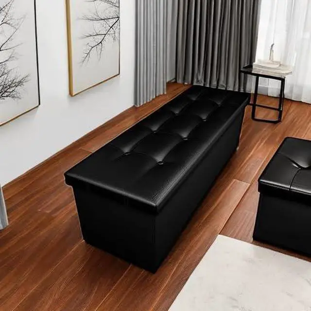 Alt view image 5 of 7 - Camabel 43 Inch Folding Storage Ottoman Bench 125L Hold up 700lbs Ottoman with Storage Chest Foam Seat Padded Foot Rest Stool Faux Leather Bedroom Bench with Storage Coffee Table Black