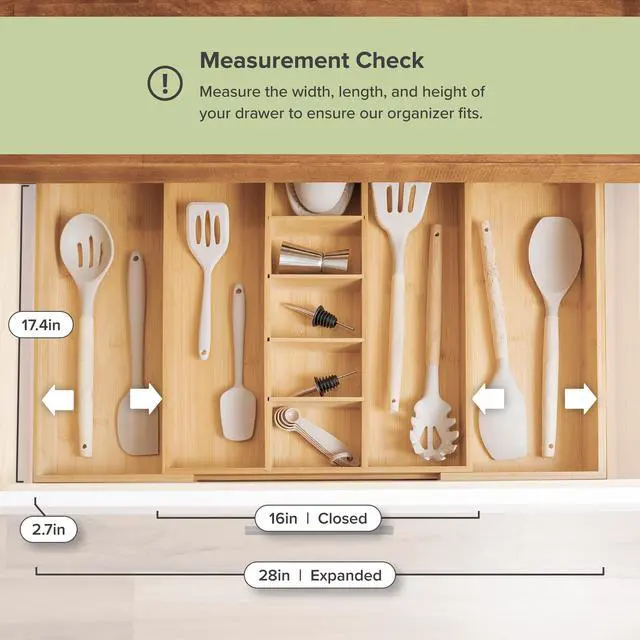 Alt view image 4 of 6 - KitchenEdge Adjustable Bamboo Kitchen Drawer Organizer for Utensils and Junk, Expandable to 28 inches Wide, 9 Compartments