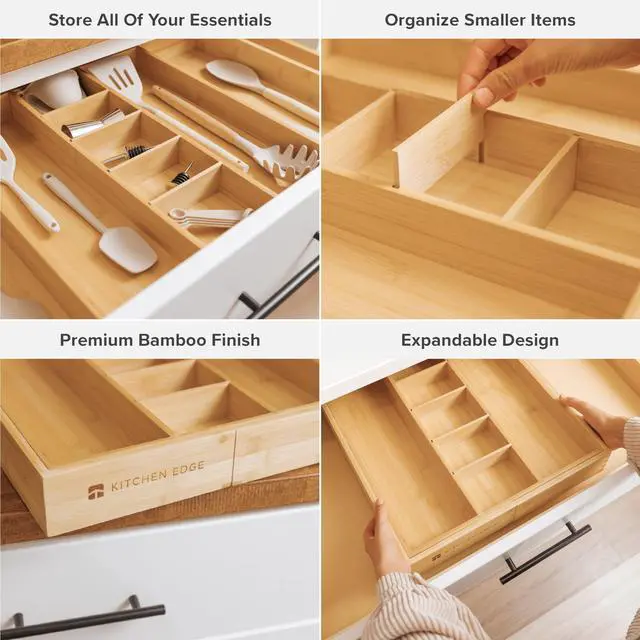 Alt view image 3 of 6 - KitchenEdge Adjustable Bamboo Kitchen Drawer Organizer for Utensils and Junk, Expandable to 28 inches Wide, 9 Compartments