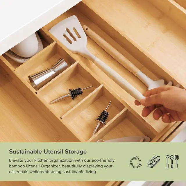 Alt view image 5 of 6 - KitchenEdge Adjustable Bamboo Kitchen Drawer Organizer for Utensils and Junk, Expandable to 28 inches Wide, 9 Compartments