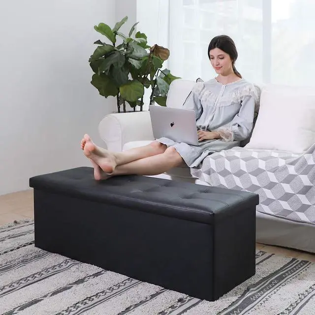 Alt view image 2 of 7 - Camabel 43 Inch Folding Storage Ottoman Bench 125L Hold up 700lbs Ottoman with Storage Chest Foam Seat Padded Foot Rest Stool Faux Leather Bedroom Bench with Storage Coffee Table Black