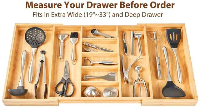 Alt view image 4 of 6 - Umilife Extra Large Expandable Kitchen Drawer Organizer for Utensil and Junk, 19" Deep for Big Drawer, 19" to 33" Adjustable Bamboo Wood Drawer Divider, Cutlery Tray, Flatware Holder