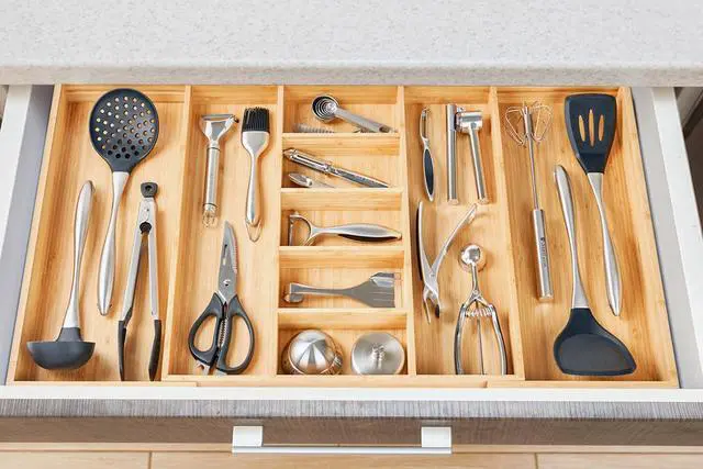 Alt view image 6 of 6 - Umilife Extra Large Expandable Kitchen Drawer Organizer for Utensil and Junk, 19" Deep for Big Drawer, 19" to 33" Adjustable Bamboo Wood Drawer Divider, Cutlery Tray, Flatware Holder
