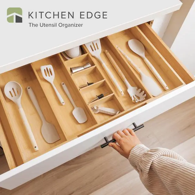 Alt view image 2 of 6 - KitchenEdge Adjustable Bamboo Kitchen Drawer Organizer for Utensils and Junk, Expandable to 28 inches Wide, 9 Compartments