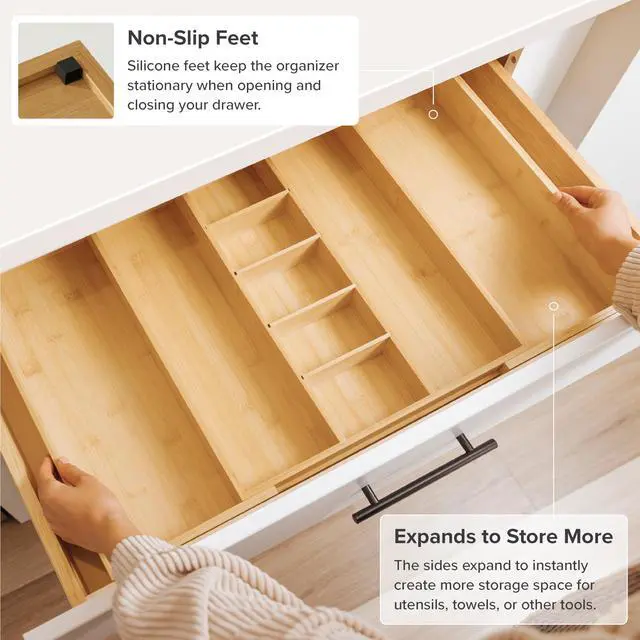 Alt view image 6 of 6 - KitchenEdge Adjustable Bamboo Kitchen Drawer Organizer for Utensils and Junk, Expandable to 28 inches Wide, 9 Compartments