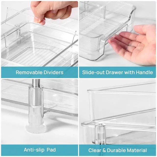 Alt view image 3 of 6 - Vtopmart 4 Pack 2 Tier Bathroom Under Sink Organizers and Storage, Clear Kitchen Pantry Organization, Pull Out Medicine Cabinet Organizer with Movable Dividers