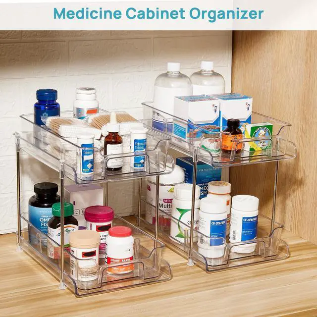 Alt view image 6 of 6 - Vtopmart 4 Pack 2 Tier Bathroom Under Sink Organizers and Storage, Clear Kitchen Pantry Organization, Pull Out Medicine Cabinet Organizer with Movable Dividers