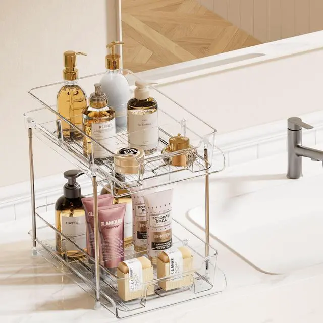 Alt view image 4 of 6 - Vtopmart 4 Pack 2 Tier Bathroom Under Sink Organizers and Storage, Clear Kitchen Pantry Organization, Pull Out Medicine Cabinet Organizer with Movable Dividers