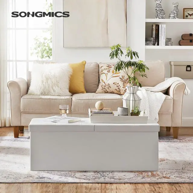 Alt view image 2 of 7 - SONGMICS MAZIE Collection - 43 Inches Storage Ottoman Bench with Flipping Lid, Storage Chest with Iron Frame Support, Load 660 lb, for Living Room, Bedroom, Synthetic Leather, White ULSF75WT
