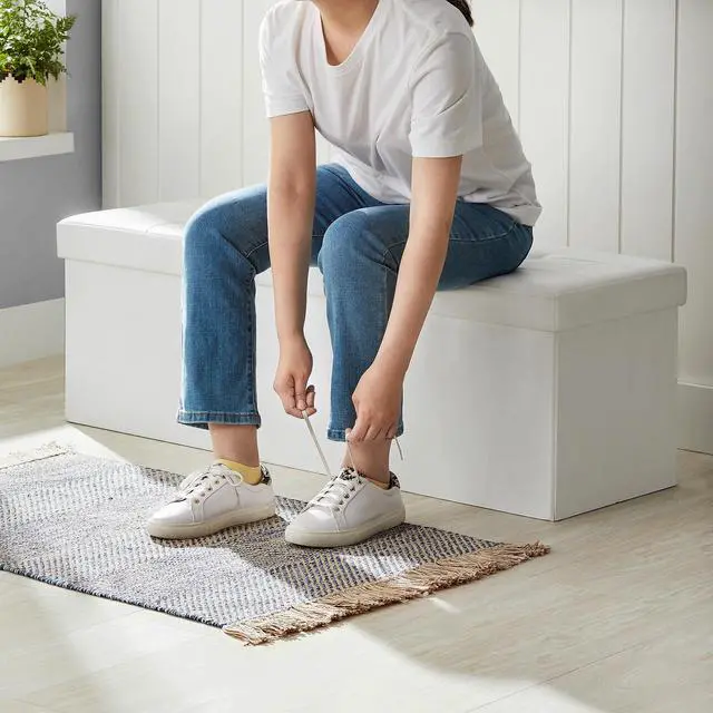 Alt view image 5 of 7 - SONGMICS MAZIE Collection - 43 Inches Storage Ottoman Bench with Flipping Lid, Storage Chest with Iron Frame Support, Load 660 lb, for Living Room, Bedroom, Synthetic Leather, White ULSF75WT