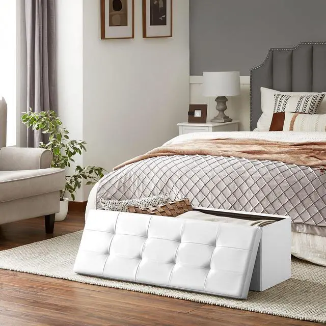 Alt view image 3 of 7 - SONGMICS MAZIE Collection - 43 Inches Storage Ottoman Bench with Flipping Lid, Storage Chest with Iron Frame Support, Load 660 lb, for Living Room, Bedroom, Synthetic Leather, White ULSF75WT