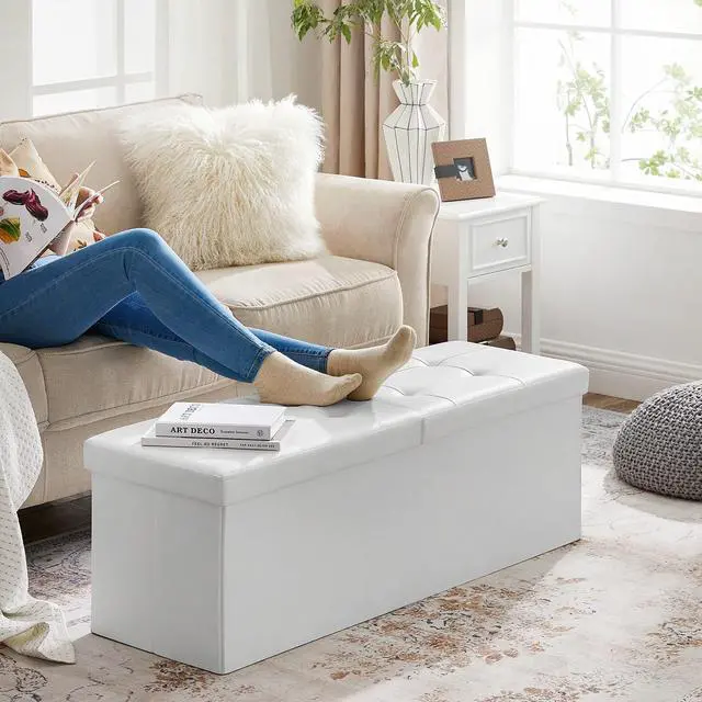 Alt view image 4 of 7 - SONGMICS MAZIE Collection - 43 Inches Storage Ottoman Bench with Flipping Lid, Storage Chest with Iron Frame Support, Load 660 lb, for Living Room, Bedroom, Synthetic Leather, White ULSF75WT