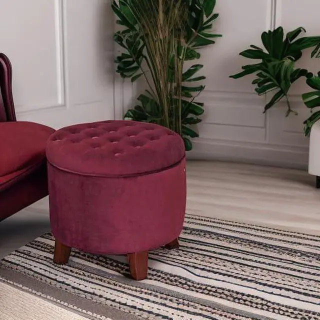Alt view image 5 of 7 - Homepop Home Decor | Upholstered Round Velvet Tufted Foot Rest Ottoman | Ottoman with Storage for Living Room & Bedroom | Decorative Home Furniture, Burgundy Small