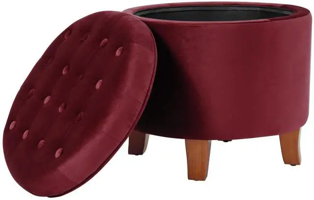 Alt view image 6 of 7 - Homepop Home Decor | Upholstered Round Velvet Tufted Foot Rest Ottoman | Ottoman with Storage for Living Room & Bedroom | Decorative Home Furniture, Burgundy Small