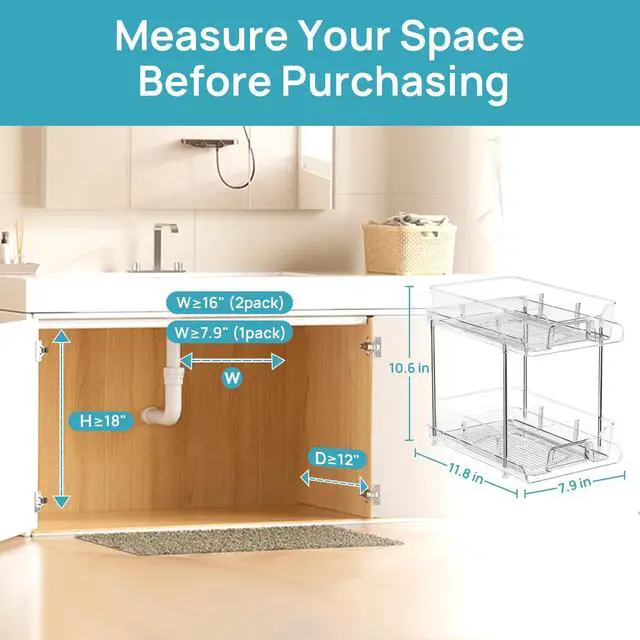 Alt view image 5 of 6 - Vtopmart 4 Pack 2 Tier Bathroom Under Sink Organizers and Storage, Clear Kitchen Pantry Organization, Pull Out Medicine Cabinet Organizer with Movable Dividers