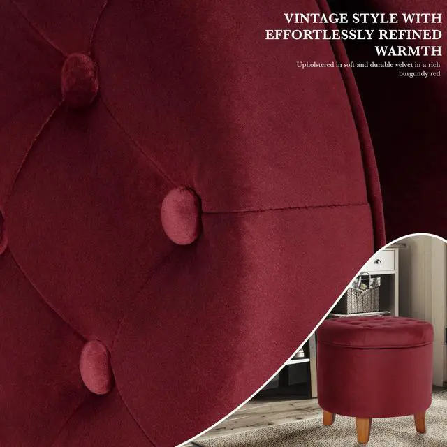 Alt view image 3 of 7 - Homepop Home Decor | Upholstered Round Velvet Tufted Foot Rest Ottoman | Ottoman with Storage for Living Room & Bedroom | Decorative Home Furniture, Burgundy Small