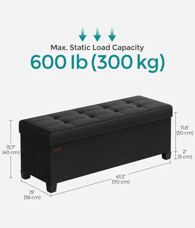 Alt view image 5 of 7 - SONGMICS Storage Ottoman Bench, Foldable Foot Rest with Legs, 15 x 43 x 15.7 Inches, End of Bed Bench, Storage Chest, Load up to 660 lb, for Living Room, Bedroom, Entryway, Ink Black ULSF018B01