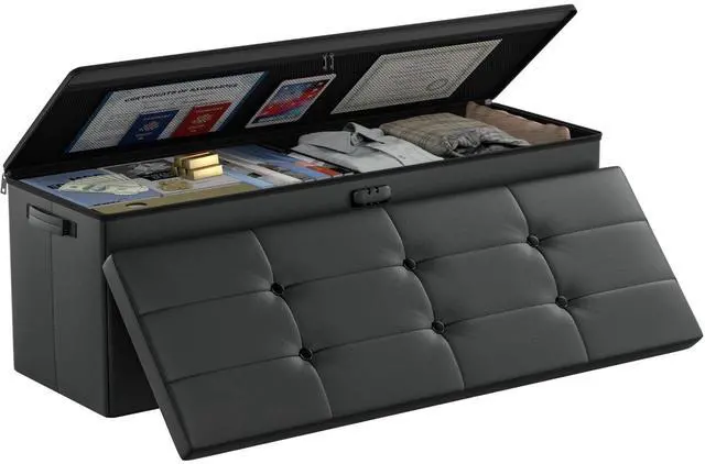 Main image of DocSafe Storage Ottoman Bench,FireproofWaterproof Folding Bench with Lock(15x 43x15),Leather Storage Chest with Handles2 Extra Boxes,Ottoman Safe for Bedroom,Living Room,Home Office,Black