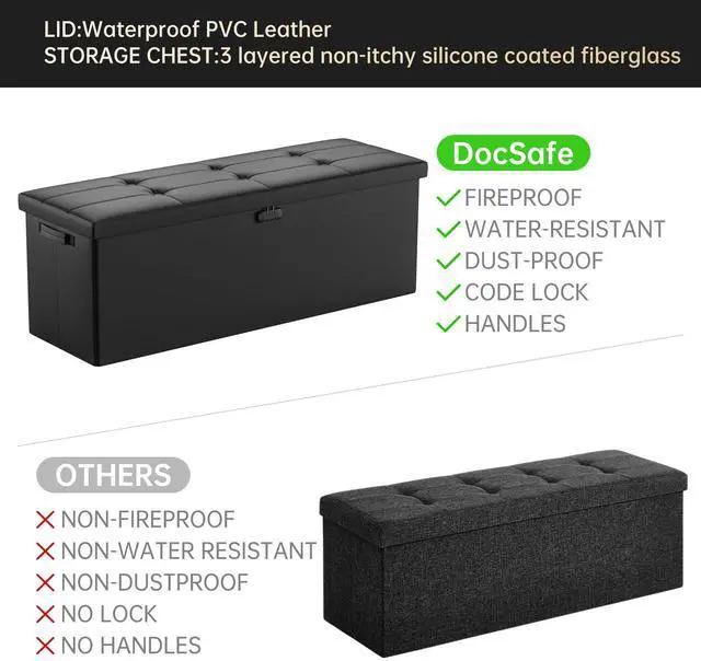 Alt view image 4 of 6 - DocSafe Storage Ottoman Bench,FireproofWaterproof Folding Bench with Lock(15x 43x15),Leather Storage Chest with Handles2 Extra Boxes,Ottoman Safe for Bedroom,Living Room,Home Office,Black