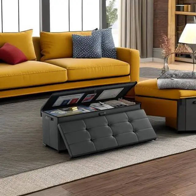 Alt view image 5 of 6 - DocSafe Storage Ottoman Bench,FireproofWaterproof Folding Bench with Lock(15x 43x15),Leather Storage Chest with Handles2 Extra Boxes,Ottoman Safe for Bedroom,Living Room,Home Office,Black