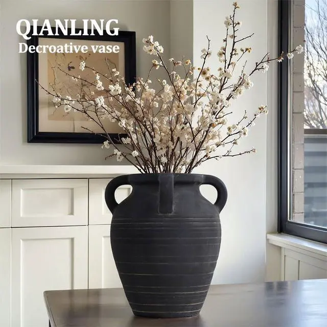 Alt view image 4 of 7 - Handmade Large Black Vase - 10" Tall Terracotta Vases with 4 Ear Design, Wide Mouth Vintage Vases, Rustic Antique Decor Matte Black Ceramic Vase for Home Decor, Living Room, Table, Fireplace Decor