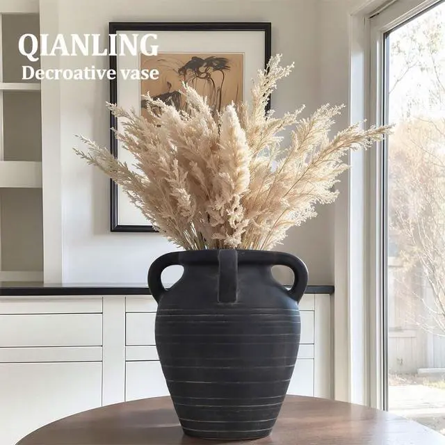 Alt view image 6 of 7 - Handmade Large Black Vase - 10" Tall Terracotta Vases with 4 Ear Design, Wide Mouth Vintage Vases, Rustic Antique Decor Matte Black Ceramic Vase for Home Decor, Living Room, Table, Fireplace Decor