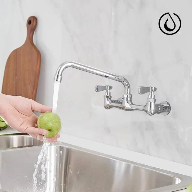 Alt view image 7 of 7 - BWE Kitchen Faucet Wall Mount Commercial Sink Faucet Tap Water Faucets Kitchen Utility Laundry 8" Swivel Spout 2 Dual Handle Restaurant Chrome Mixer Tap