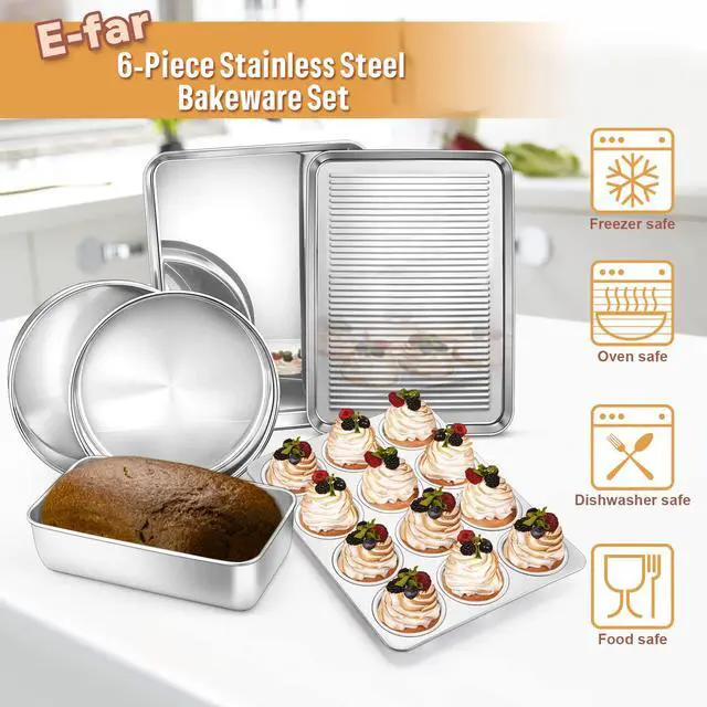 Alt view image 7 of 7 - E-far 6-Piece Baking Pans set, Stainless Steel Bakeware Set for Oven, Include 8-Inch Cake Pan/Rectangle Baking Cookie Sheet/Muffin/Loaf Pan, Non-Toxic & Heavy Duty, Dishwasher Safe