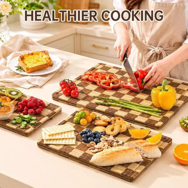 Alt view image 6 of 7 - THETCHRY Bamboo Cutting Board Set, Checkered Wood Cutting Boards for Kitchen with Juice Groove, Non Toxic Wooden Charcuterie Boards, Non Slip Chopping Board for Meat Fruit Cheese, Housewarming Gift