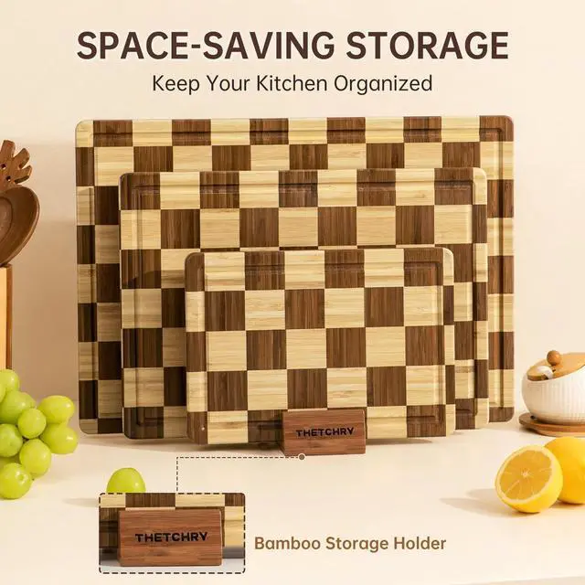 Alt view image 7 of 7 - THETCHRY Bamboo Cutting Board Set, Checkered Wood Cutting Boards for Kitchen with Juice Groove, Non Toxic Wooden Charcuterie Boards, Non Slip Chopping Board for Meat Fruit Cheese, Housewarming Gift