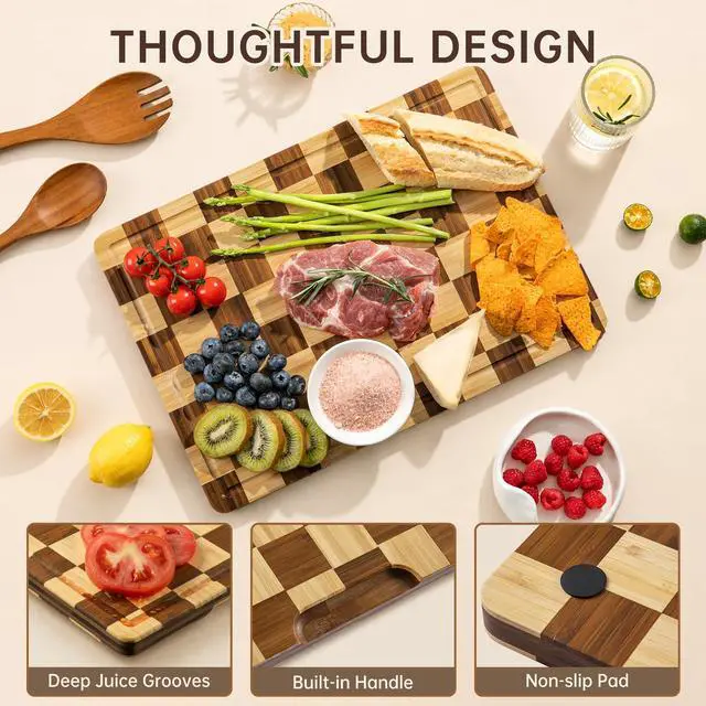 Alt view image 5 of 7 - THETCHRY Bamboo Cutting Board Set, Checkered Wood Cutting Boards for Kitchen with Juice Groove, Non Toxic Wooden Charcuterie Boards, Non Slip Chopping Board for Meat Fruit Cheese, Housewarming Gift