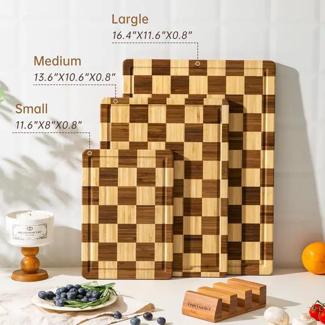 Alt view image 4 of 7 - THETCHRY Bamboo Cutting Board Set, Checkered Wood Cutting Boards for Kitchen with Juice Groove, Non Toxic Wooden Charcuterie Boards, Non Slip Chopping Board for Meat Fruit Cheese, Housewarming Gift