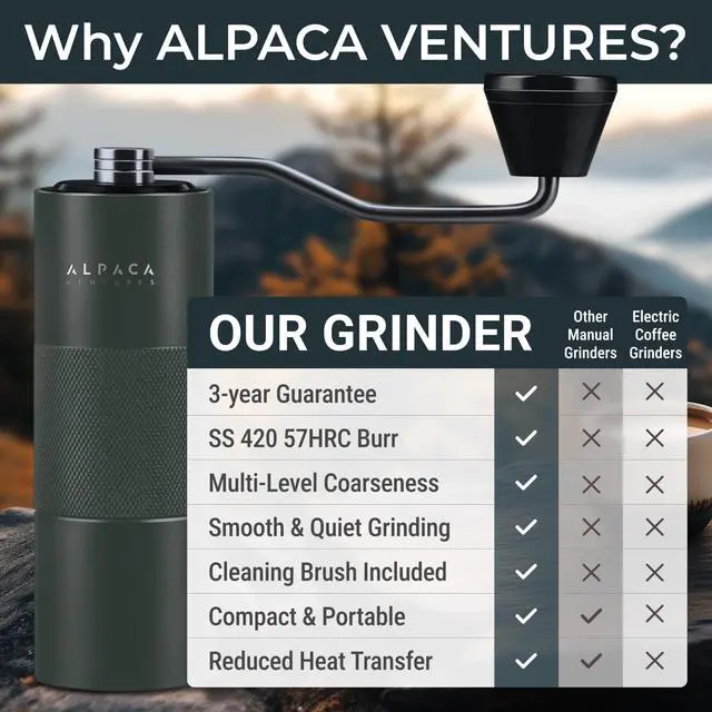 Alt view image 3 of 6 - Manual Coffee Grinder by Alpaca Ventures - Stainless Steel Conical Burr Coffee Grinder Manual with Adjustable Setting Double Bearing Hand Espresso Grinder Perfect for Home, Office and Camping