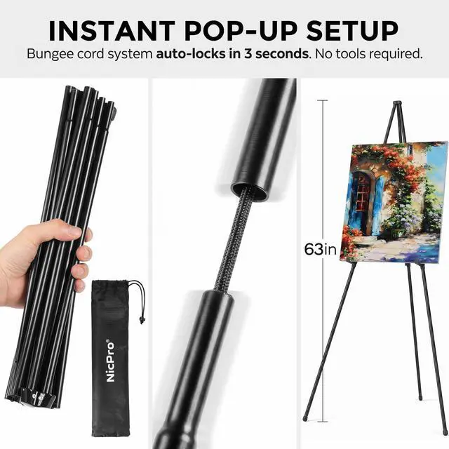 Alt view image 4 of 7 - Nicpro Art Folding Easels for Display, 6 Pack 63 Inches Metal Floor Easel Stand Bulk Tripod Black Collapsible for Sign Artist Poster Wedding | with Carry Bag