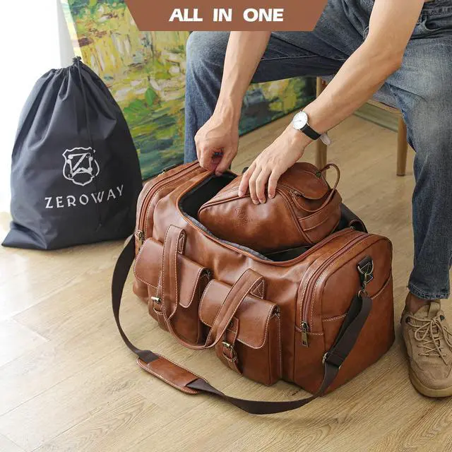 Alt view image 7 of 7 - Zeroway PU Leather Travel Duffel Bag with Toiletry Dopp Kit and Laundry Bag, Weekender Overnight bag Luggage Carry-On Bag with Shoe Pouch for Men or Women Brown