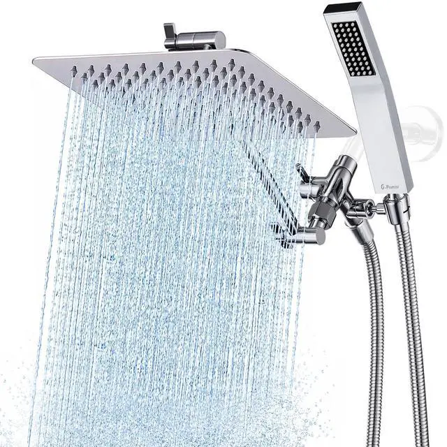 Main image of G-Promise All Metal 8 Inch Dual Square Shower Head with Handheld Spray Combo, Rain Shower Head, Adjustable Extension Arm, Smooth 3-Way Diverter, 71 Inch Extra Long Hose - A Bathroom Upgrade (Chrome)