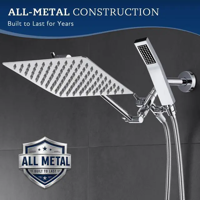 Alt view image 3 of 7 - G-Promise All Metal 8 Inch Dual Square Shower Head with Handheld Spray Combo, Rain Shower Head, Adjustable Extension Arm, Smooth 3-Way Diverter, 71 Inch Extra Long Hose - A Bathroom Upgrade (Chrome)
