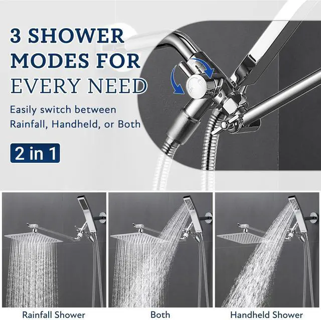 Alt view image 4 of 7 - G-Promise All Metal 8 Inch Dual Square Shower Head with Handheld Spray Combo, Rain Shower Head, Adjustable Extension Arm, Smooth 3-Way Diverter, 71 Inch Extra Long Hose - A Bathroom Upgrade (Chrome)