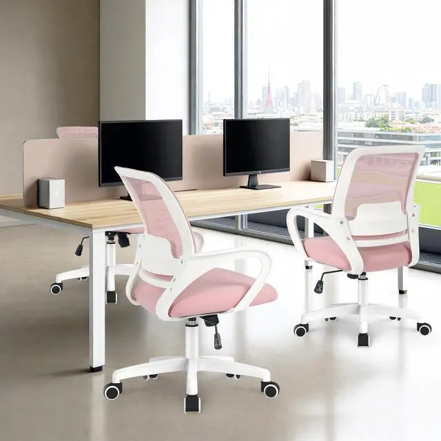 Alt view image 7 of 7 - NEO CHAIR Office Desk Ergonomic Computer Mesh Chair with Lumbar Mid Back Support Adjustable Height Swivel Rolling Wheels Comfy Task Vanity Chair for Home Bedroom Study (Pastel Pink)