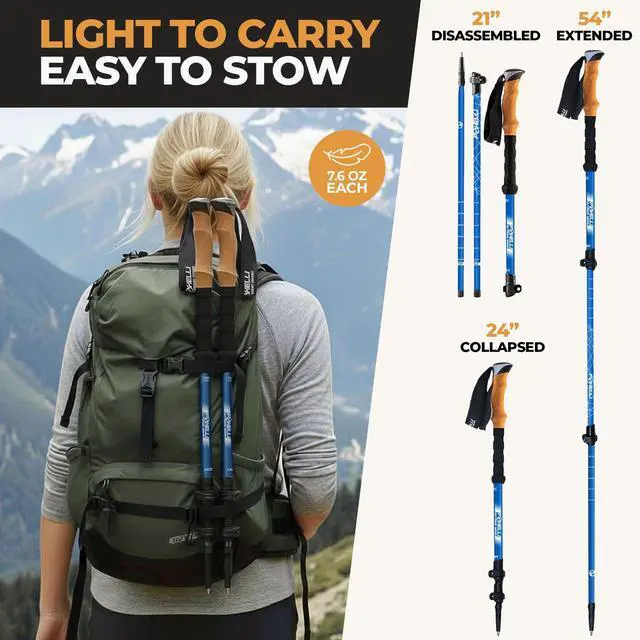 Alt view image 2 of 6 - Foxelli Carbon Fiber Trekking Poles Lightweight Collapsible Hiking Poles with Cork Grips, Quick Flip Locks & All-Terrain Accessories Adjustable Height Hiking Sticks for Men & Women