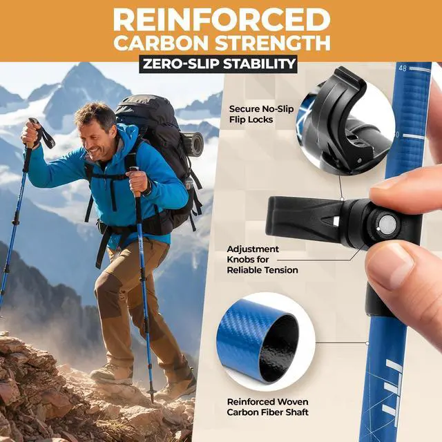 Alt view image 3 of 6 - Foxelli Carbon Fiber Trekking Poles Lightweight Collapsible Hiking Poles with Cork Grips, Quick Flip Locks & All-Terrain Accessories Adjustable Height Hiking Sticks for Men & Women