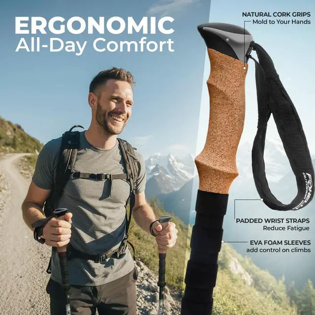Alt view image 5 of 7 - Foxelli Carbon Fiber Trekking Poles Lightweight Collapsible Hiking Poles with Cork Grips, Quick Flip Locks & All-Terrain Accessories Adjustable Height Hiking Sticks for Men & Women