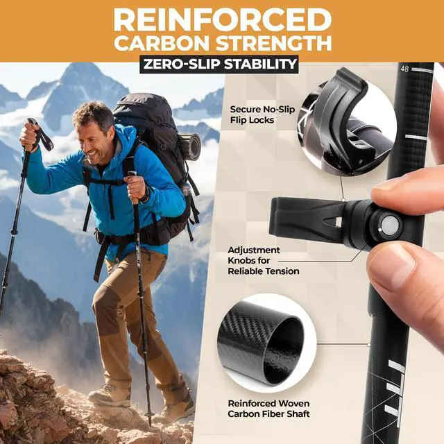 Alt view image 4 of 7 - Foxelli Carbon Fiber Trekking Poles Lightweight Collapsible Hiking Poles with Cork Grips, Quick Flip Locks & All-Terrain Accessories Adjustable Height Hiking Sticks for Men & Women