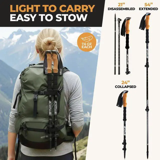 Alt view image 3 of 7 - Foxelli Carbon Fiber Trekking Poles Lightweight Collapsible Hiking Poles with Cork Grips, Quick Flip Locks & All-Terrain Accessories Adjustable Height Hiking Sticks for Men & Women