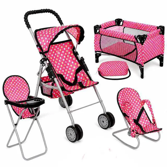 Main image of fash n kolor 4 Piece Doll Play Set, Includes - 1 Pack N Play. 2 Doll Stroller 3.Doll High Chair. 4.Infant Seat, Fits Up to 18'' Doll (4 Piece Set)