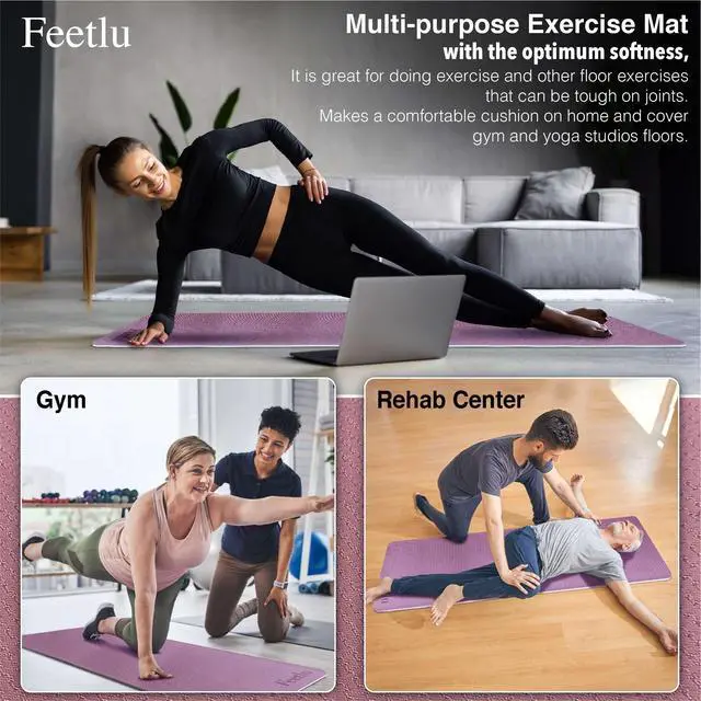 Alt view image 6 of 6 - Feetlu Extra Thick Exercise Yoga Mat with Strap - 2/5 Inch (10MM), Non-Slip Workout Mat for Yoga, Pilates, and Floor Exercises(Dark Purple & Blue Gray)