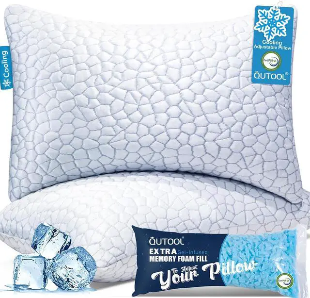 Main image of QUTOOL Cooling Pillow for Sleeping, CertiPUR-US Shredded Memory Foam King Pillows Set of 2, Cool Pillow for Hot Sleepers Adjustable Firm Pillow for Side, Back, Stomach Sleepers Soft Yet Support, White
