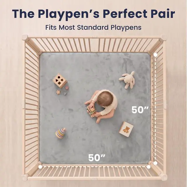 Alt view image 5 of 7 - Baby Play Mat for Floor,1.3" Thick Elasti-Foam 50"×50" Playpen Mat for Tummy Time,Water Repellent Soft Coral Velvet for Toddler,Infant,Kids,Non-Slip Backing Safe for Crawling(Light Gray)