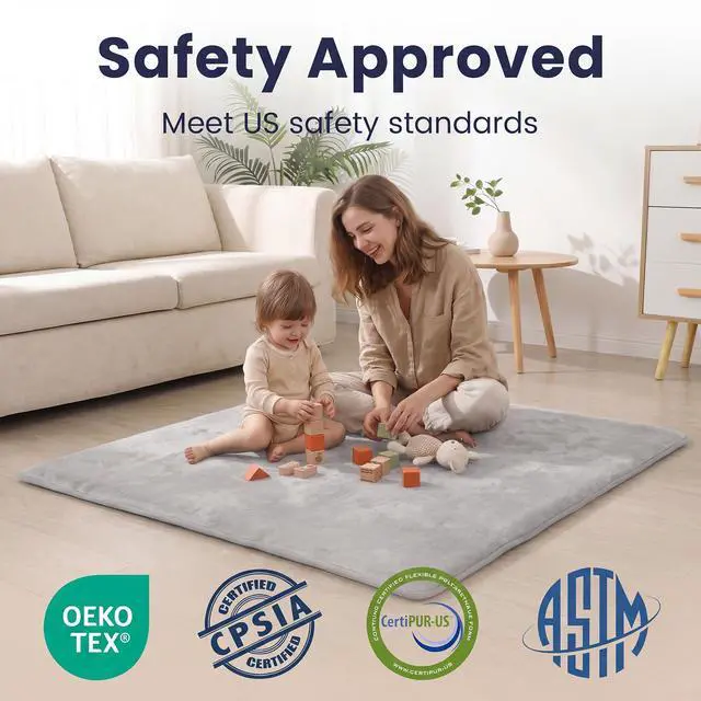Alt view image 6 of 7 - Baby Play Mat for Floor,1.3" Thick Elasti-Foam 50"×50" Playpen Mat for Tummy Time,Water Repellent Soft Coral Velvet for Toddler,Infant,Kids,Non-Slip Backing Safe for Crawling(Light Gray)